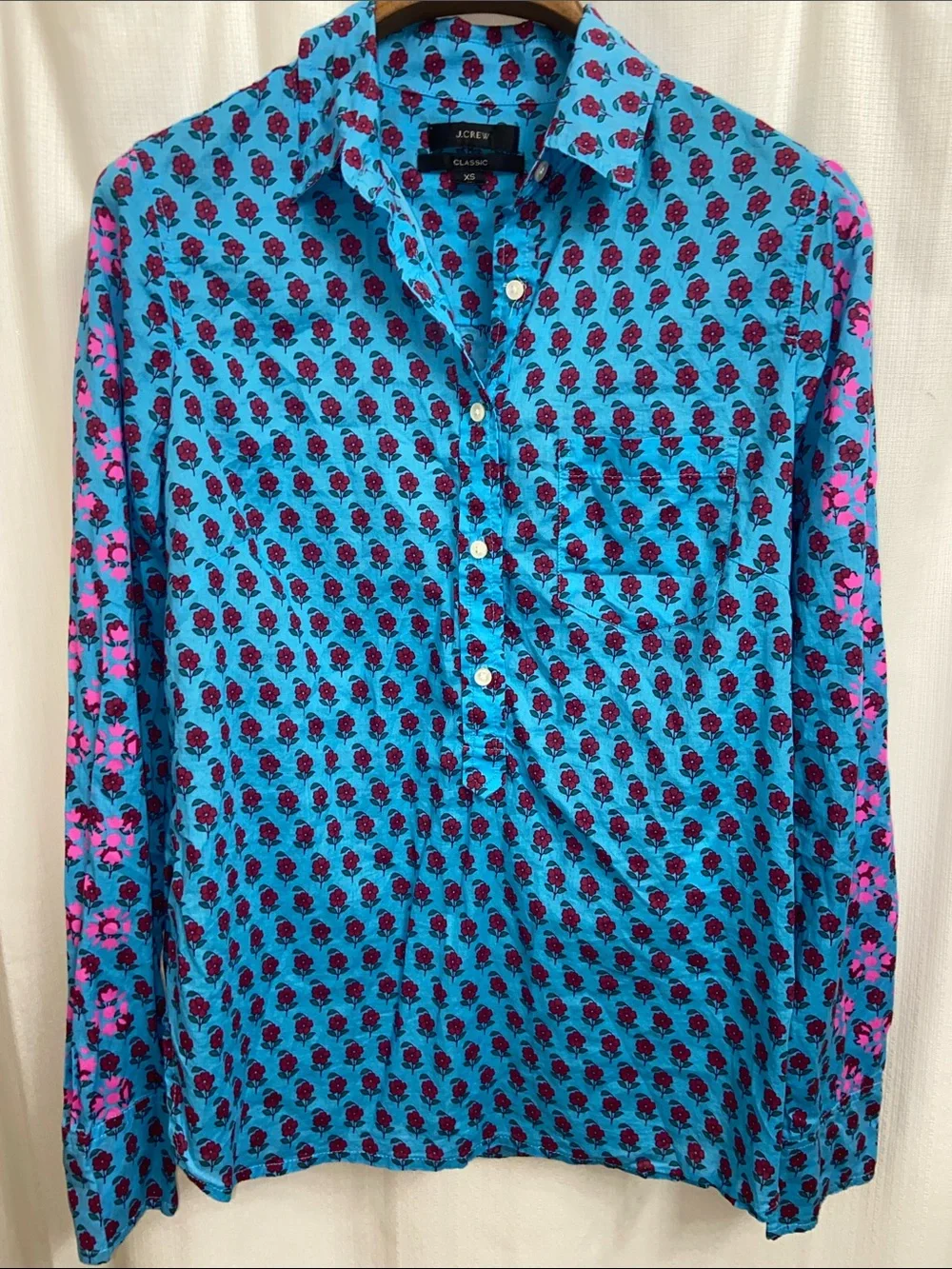 J. Crew Lightweight Cotton Turquoise Button-Down Shirt with Pink Floral Print